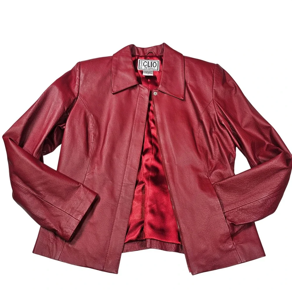 Clio Vintage 90s Petites Leather Full Zip Blazer‎ Jacket Burgundy Red Womens 4 P
